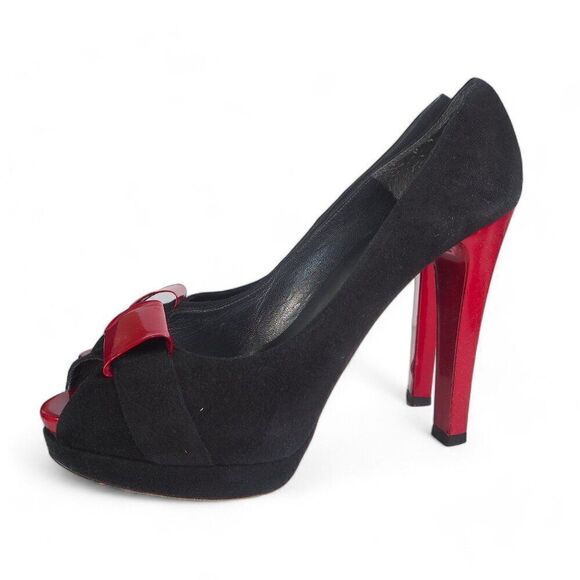 Stuart Weitzman Suede Peep Toe Heels Black / Red Women's 9N (Narrow) - Picture 2 of 12